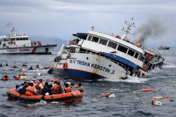 Ilustrasi kapal feri penumpang tenggelam di perairan Filipina selatan saat operasi penyelamatan oleh penjaga pantai berlangsung, dengan penumpang mengenakan jaket pelampung dievakuasi menggunakan perahu karet.