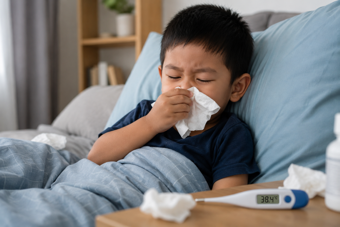 Anak mengalami gejala flu Singapura dengan ruam di tangan dan kaki